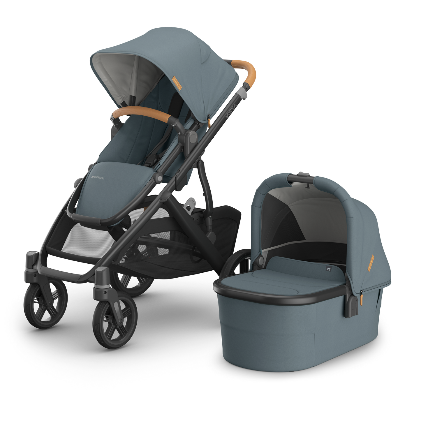 UPPAbaby Vista V3 In Dillan showcasing both a stroller and carrycot