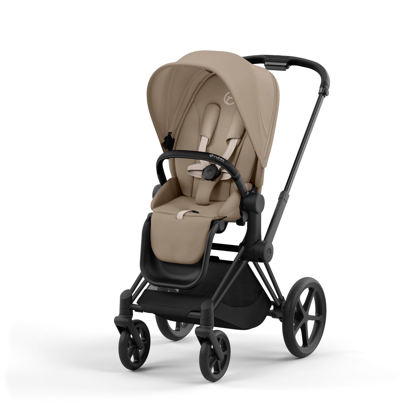 Cybex Priam matt black chassis with black handle and cozy beige seat pack.