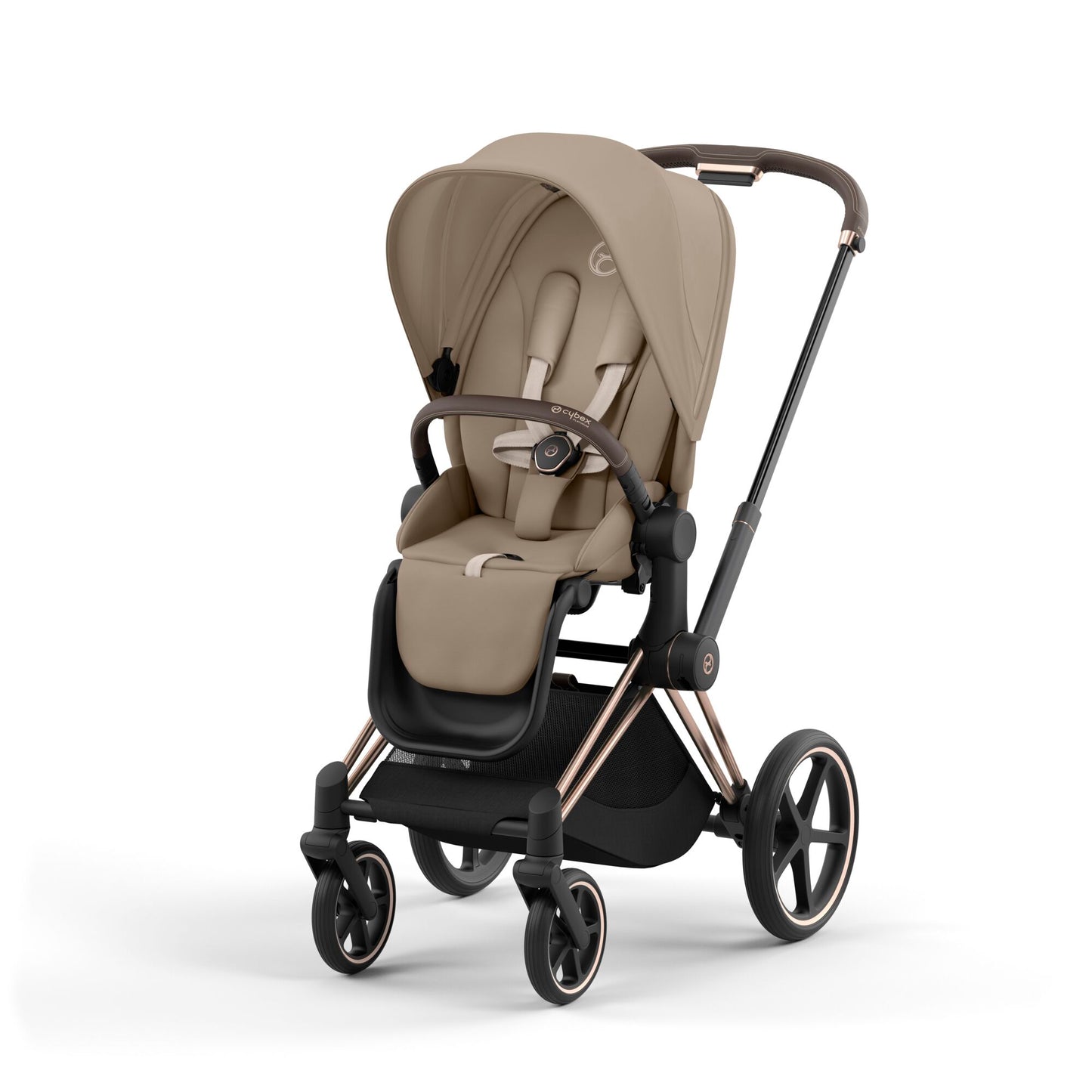 Cybex Priam rose gold chassis with dark brown handle and cozy beige seat pack.
