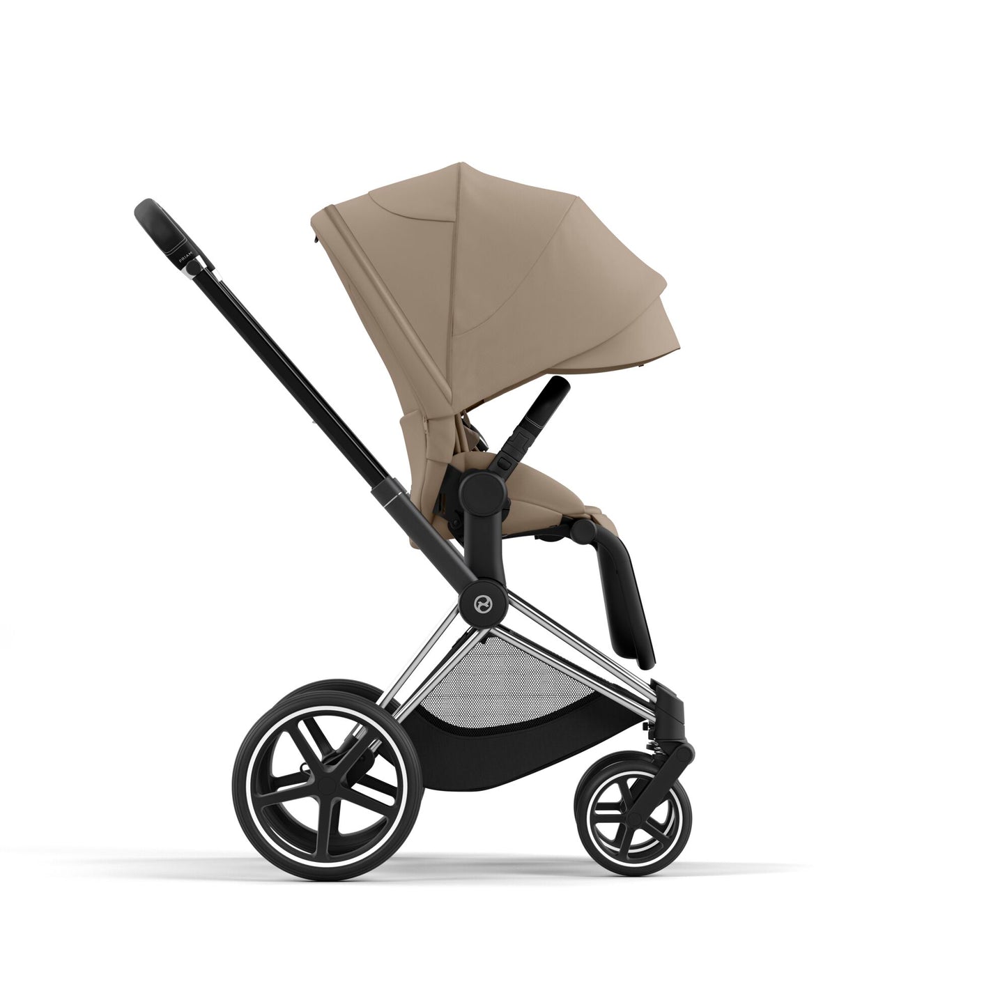 Cybex Priam chrome chassis with black handle and cozy beige seat pack.