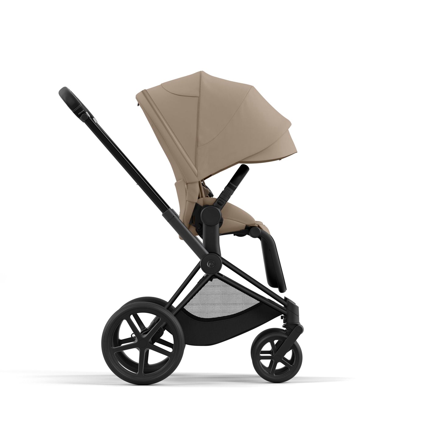 Cybex Priam matt black chassis with black handle and cozy beige seat pack.