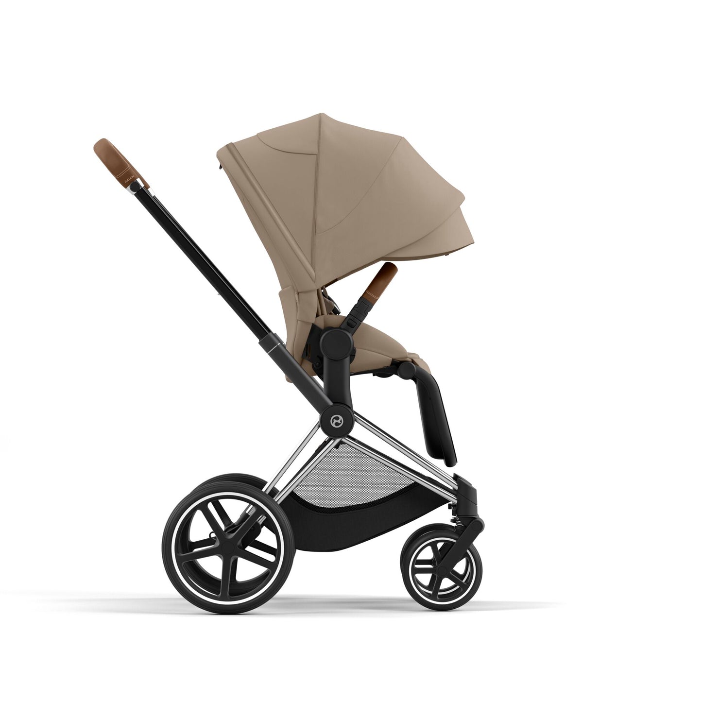 Cybex Priam chrome chassis with brown handle and cozy beige seat pack.