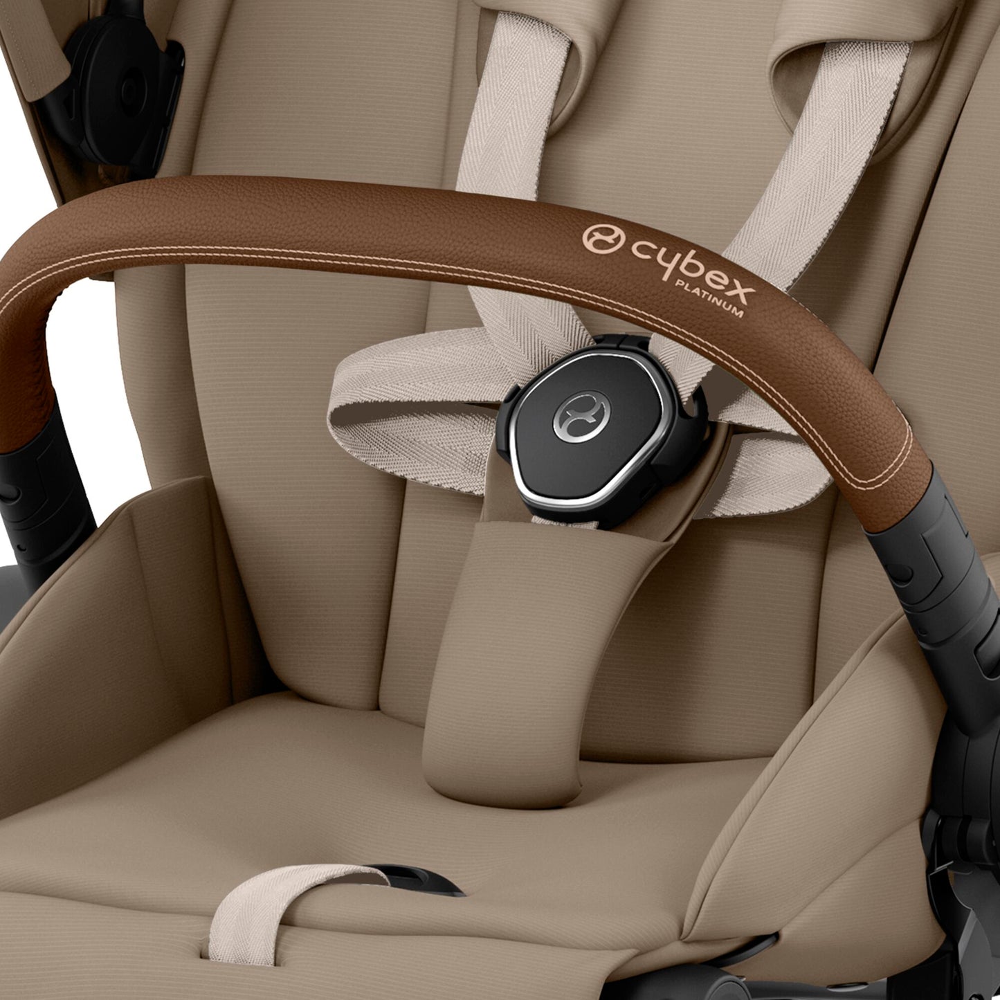 Cybex Priam chrome chassis with brown handle and cozy beige seat pack.
