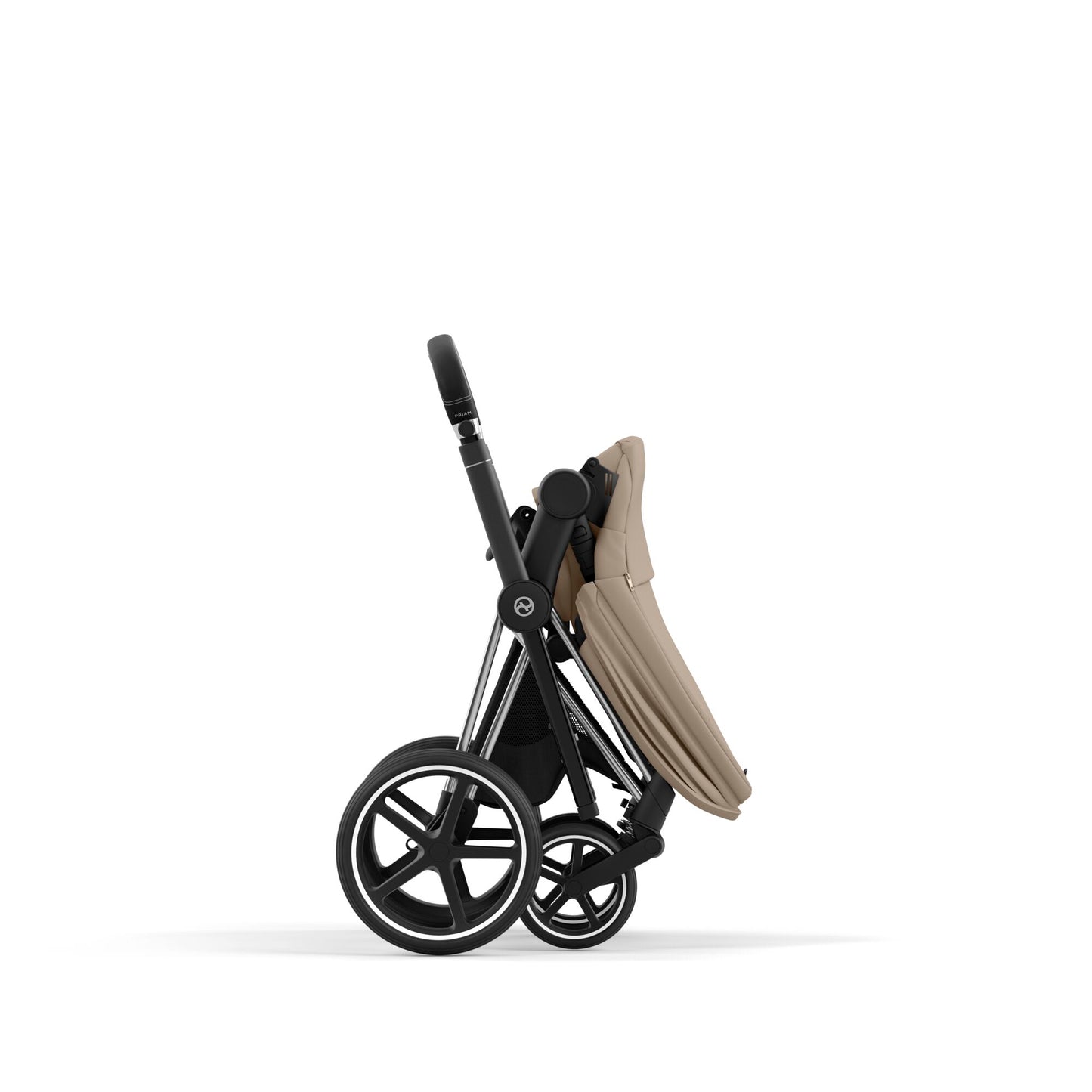 Cybex Priam chrome chassis with black handle and cozy beige seat pack.