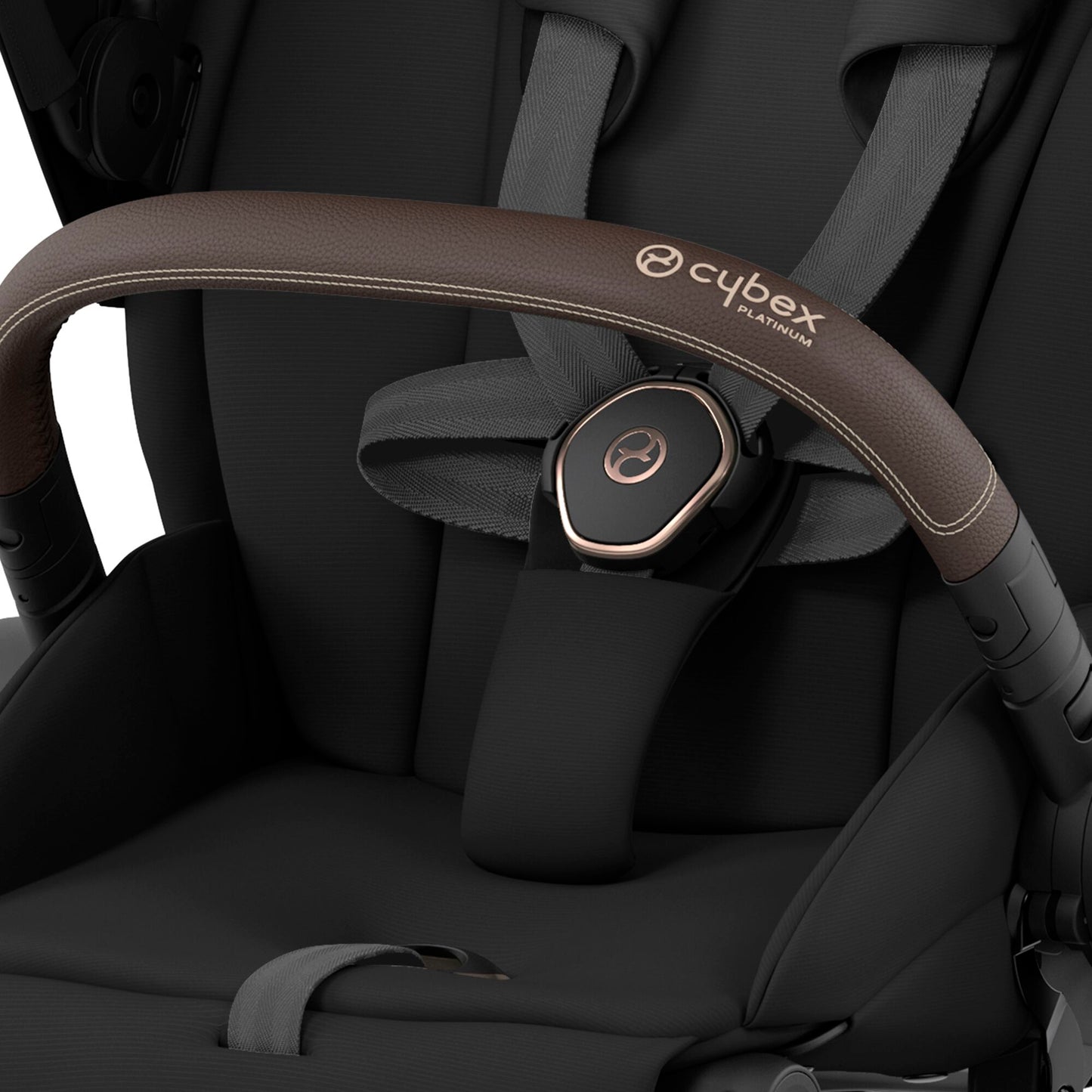 Cybex Priam rose gold chassis with dark brown handle and sepia black seat pack.