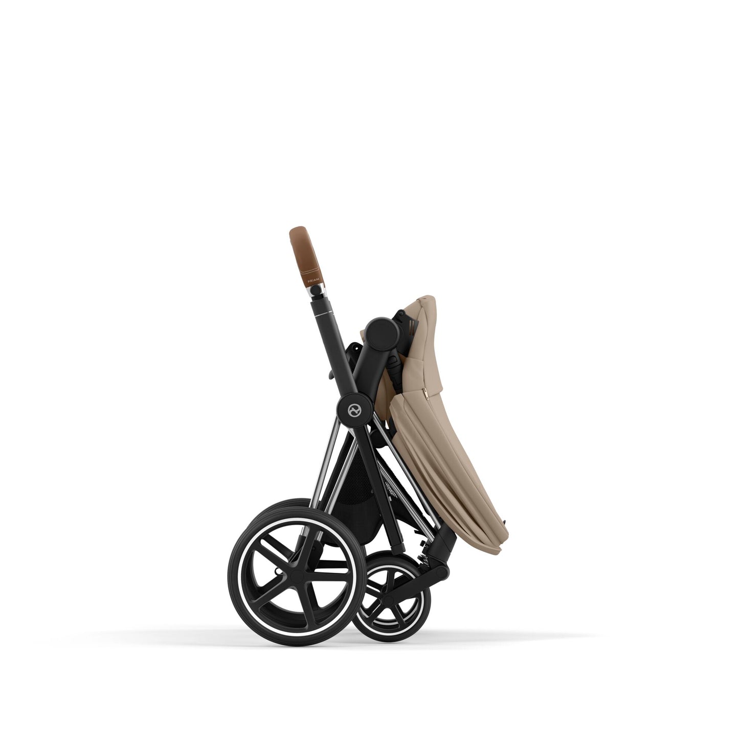Cybex Priam chrome chassis with brown handle and cozy beige seat pack.