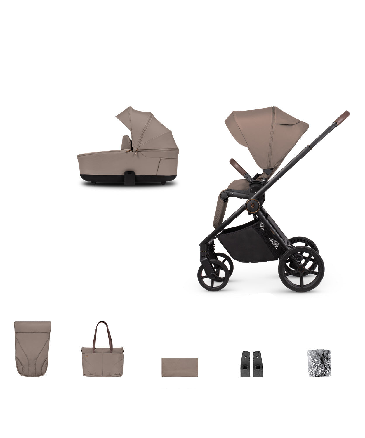 Almond stroller and accessories displayed, highlighting a 2-in-1 travel system with mesh ventilation and one-hand folding capability.