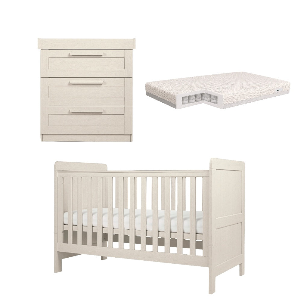 Cot bed and dresser with 3 drawers in stone colour, complete with CuddleCo signature pocket spring mattress.