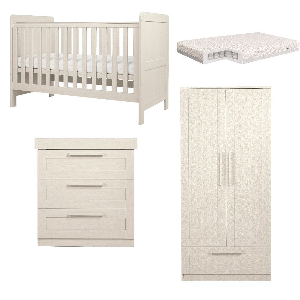 Cot bed, wardrobe and 3 drawer dresser set in stone colour, complete with CuddleCo signature pocket spring mattress.