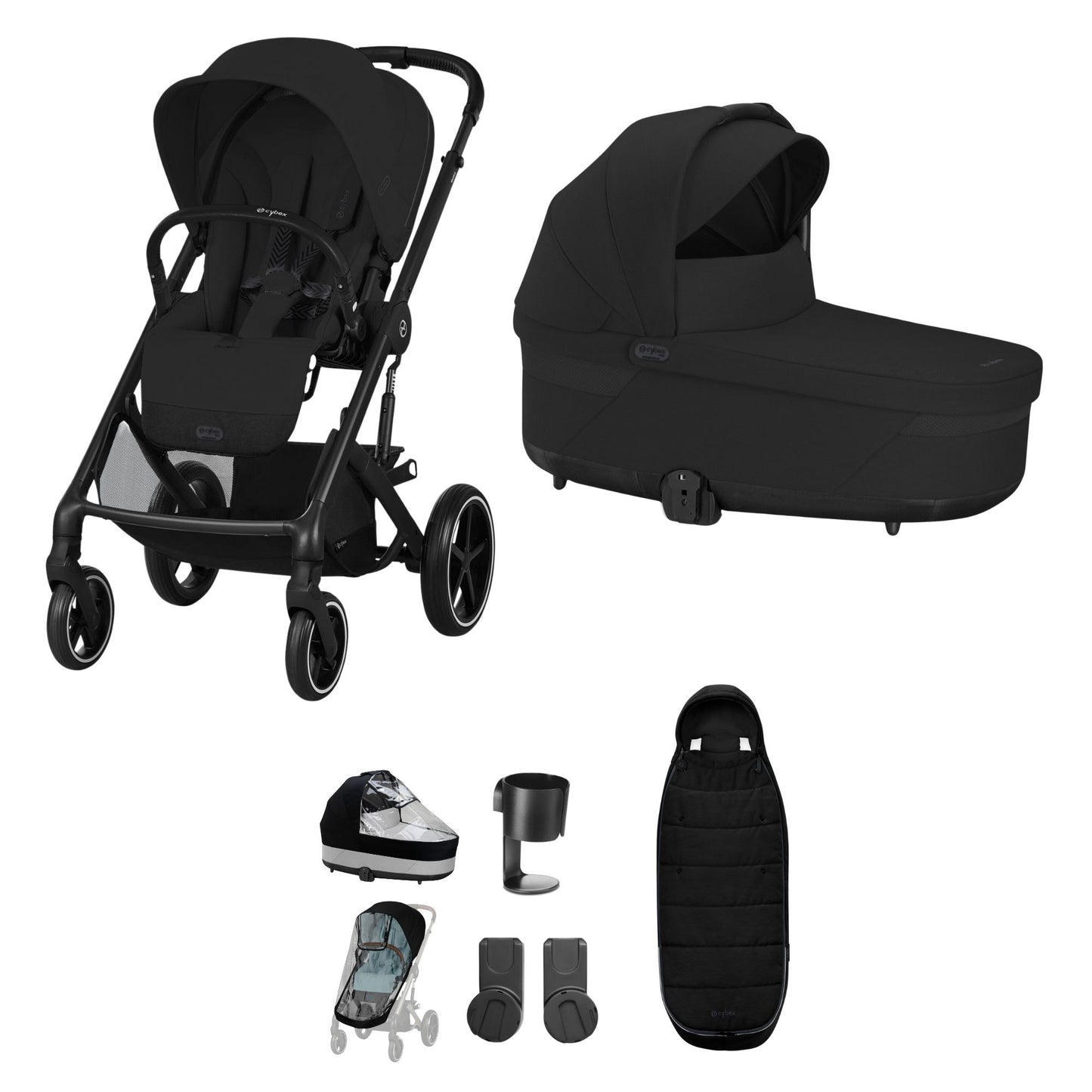Cybex balios in moon black bundle with footmuff.
