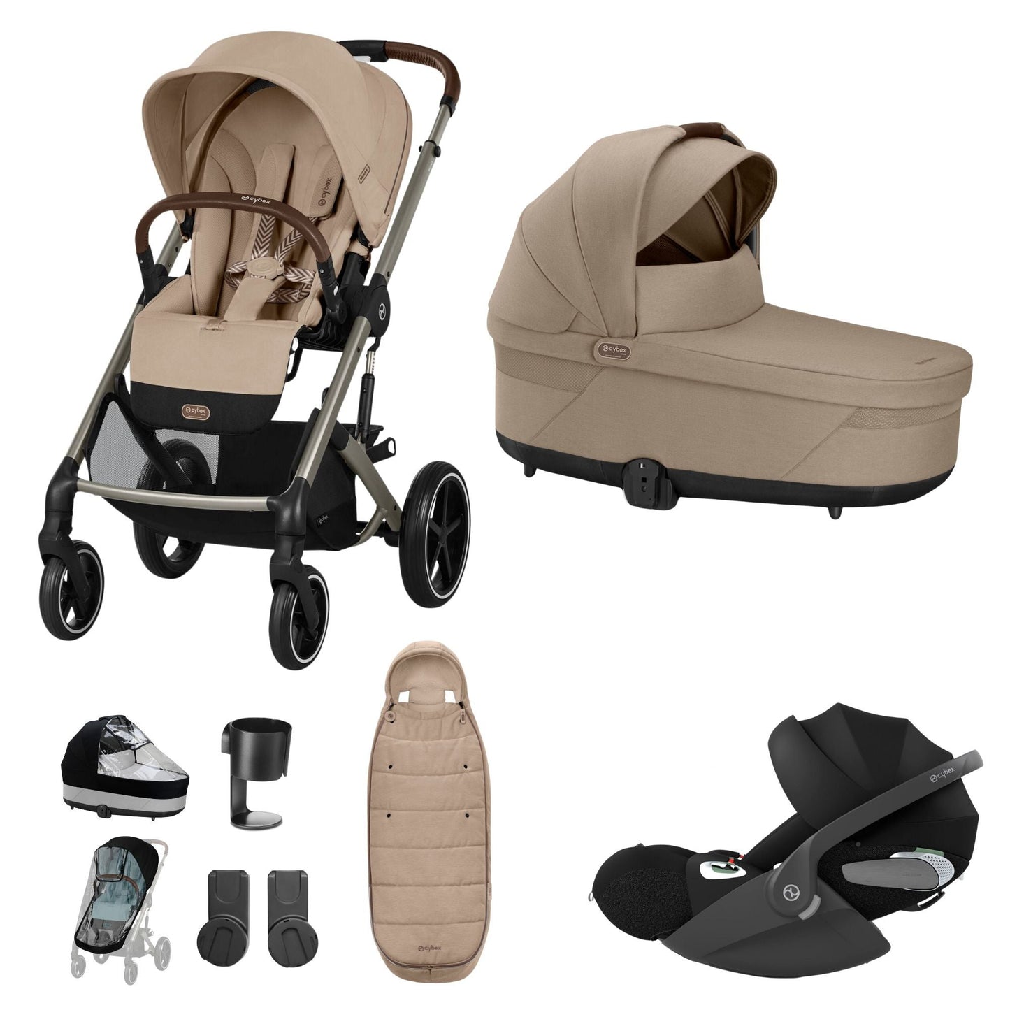 Cybex Balios travel system in almond beige with cloud T car seat and footmuff, but no isofix base.