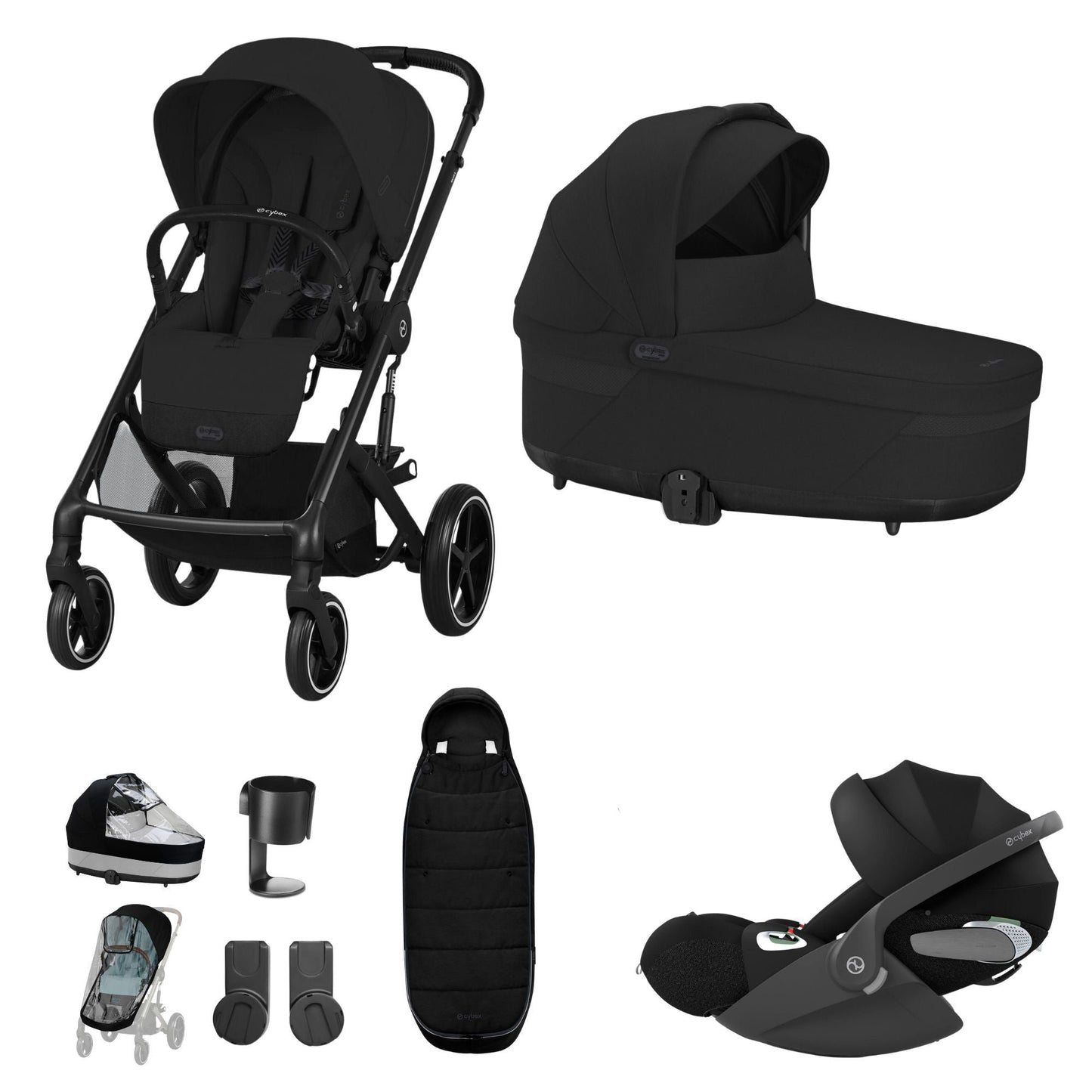 Cybex Balios travel system in moon black with cloud T car seat and footmuff, but no isofix base.