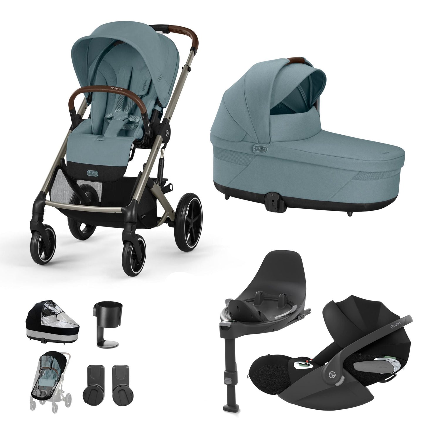 Cybex Balios travel system in stormy blue with cloud T car seat and isofix base, but no footmuff.