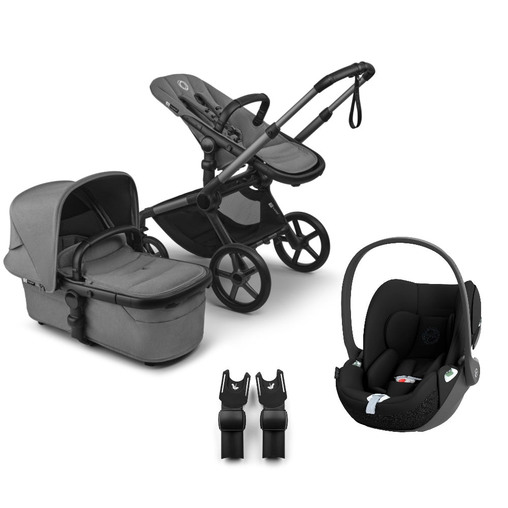 Bugaboo Fox 5 renew pushchair and carrycot in moon grey colourway complete with Cybex cloud T car seat.