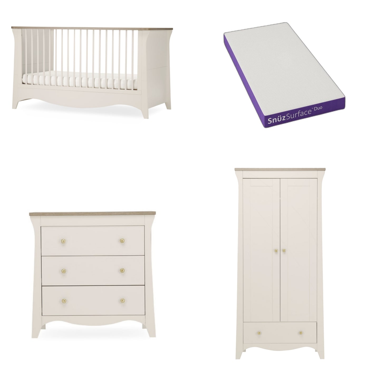 Clara Cashmere 3 Piece Bundle with Cotbed Dresser and Wardrobe with a Snuz Duo Mattress