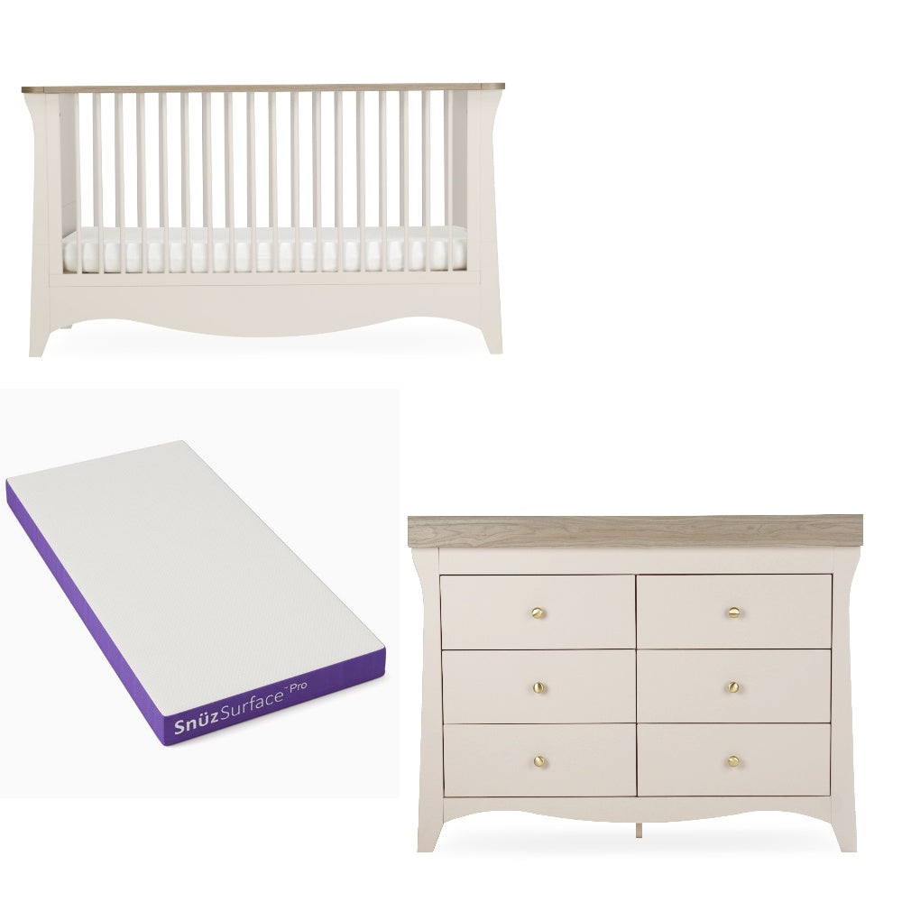 Cuddleco Clara Luxe 2 peice nursery furniture set in cashmere and ash colour, with Snuz Pro mattress.