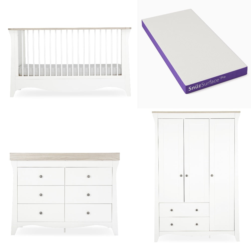 Cuddleco clara luxe 3 piece nursery furniture set in white and ash colour, with Snuz Pro mattress.