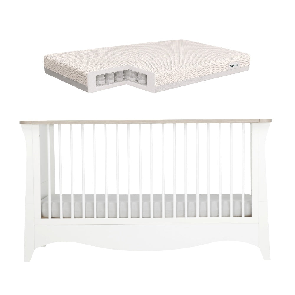 Clara cotbed in white and ash colour with a cuddleco siganture poscket sprung mattress.