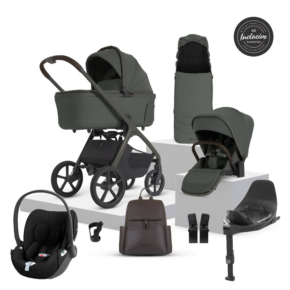 Silver Cross Cove 2 travel system in pewter green including cloud t car seat and isofix base.
