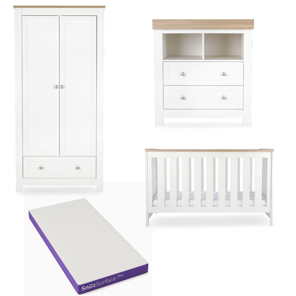 CuddleCo Burford 3 piece nursery furniture set in white with oak trim, and snuz pro mattress.
