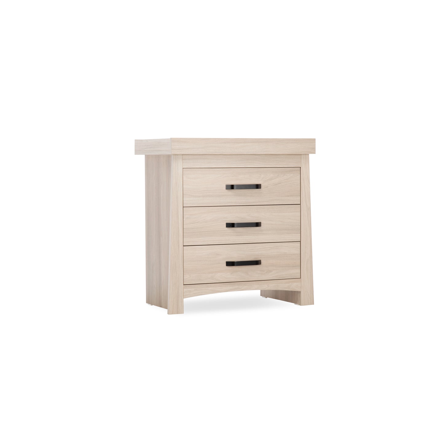 The Isla dresser, featuring an ash finish and chic black handles, is a stylish choice for any nursery.