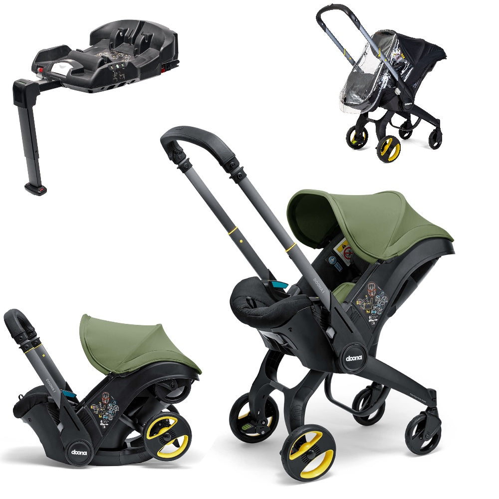 A stylish Doona car seat in Desert Green for a modern infant safety solution, including a doona base and raincover