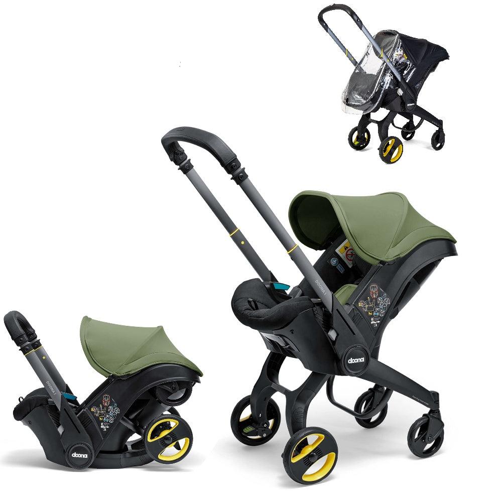 A stylish Doona car seat in Desert Green for a modern infant safety solution, including a doona rain cover