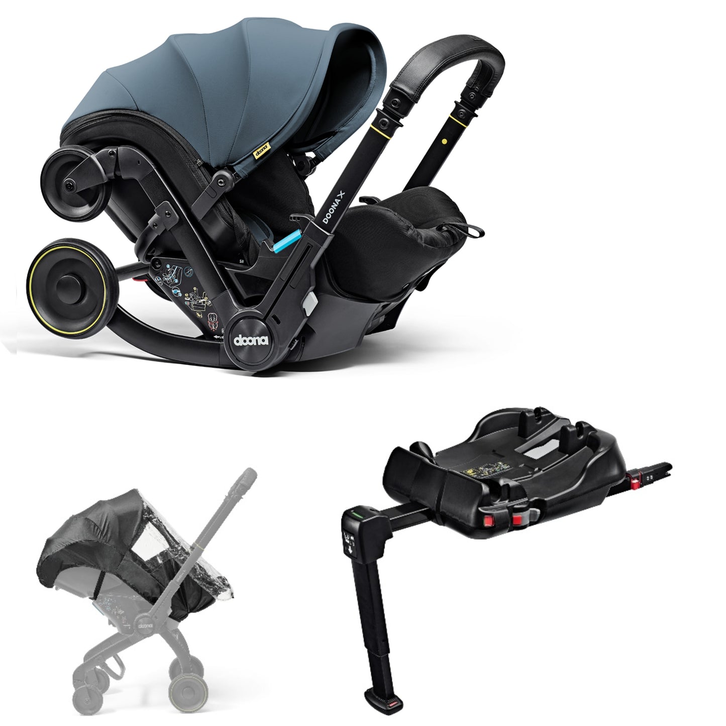 A stylish Doona X car seat in ocean blue for a modern infant safety solution with a Doona base and rain cover