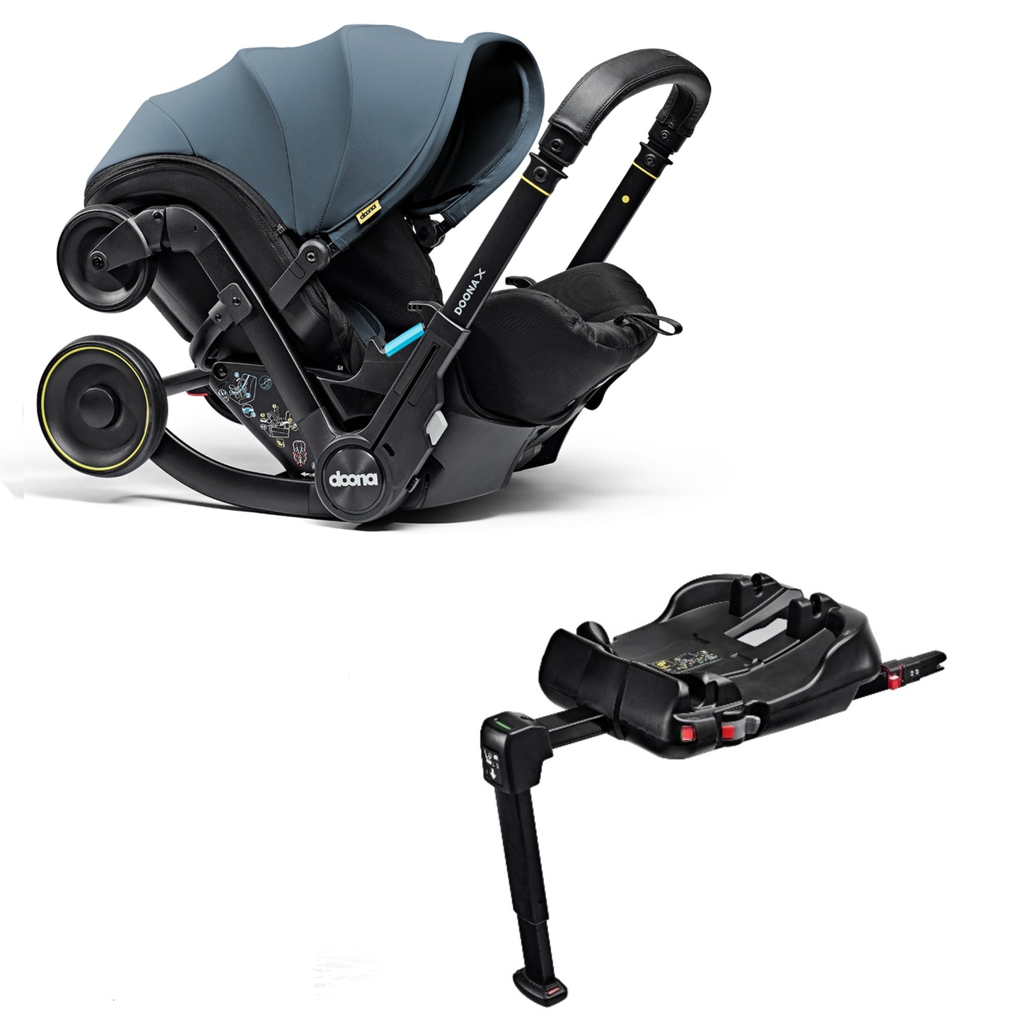 A stylish Doona X car seat in ocean blue for a modern infant safety solution with a Doona base