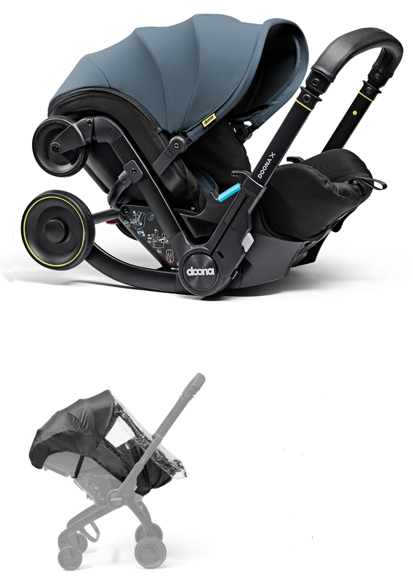 A stylish Doona X car seat in ocean blue, for a modern infant safety solution with a rain cover
