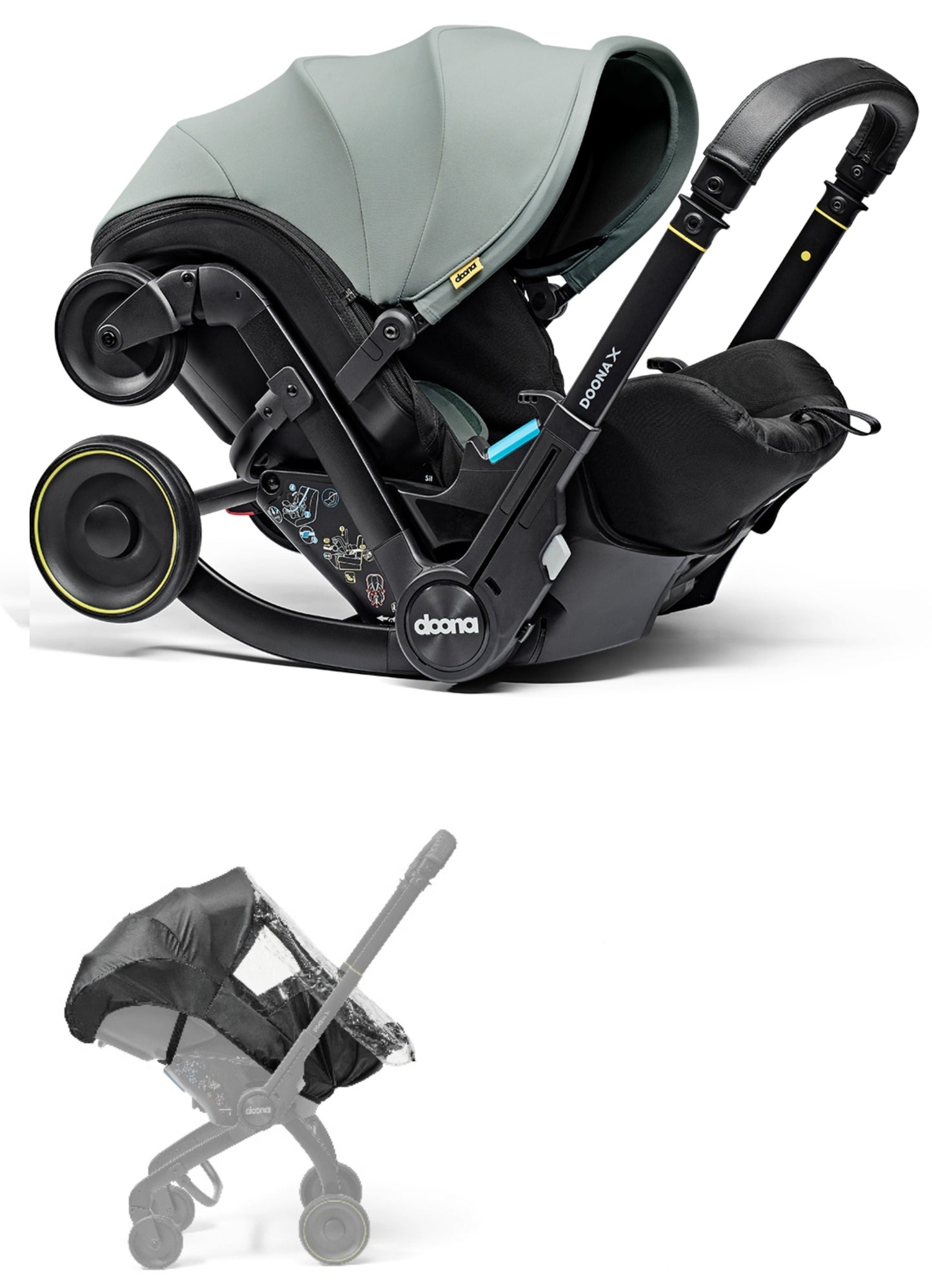 A stylish Doona X car seat in dusty sage, for a modern infant safety solution with a rain cover