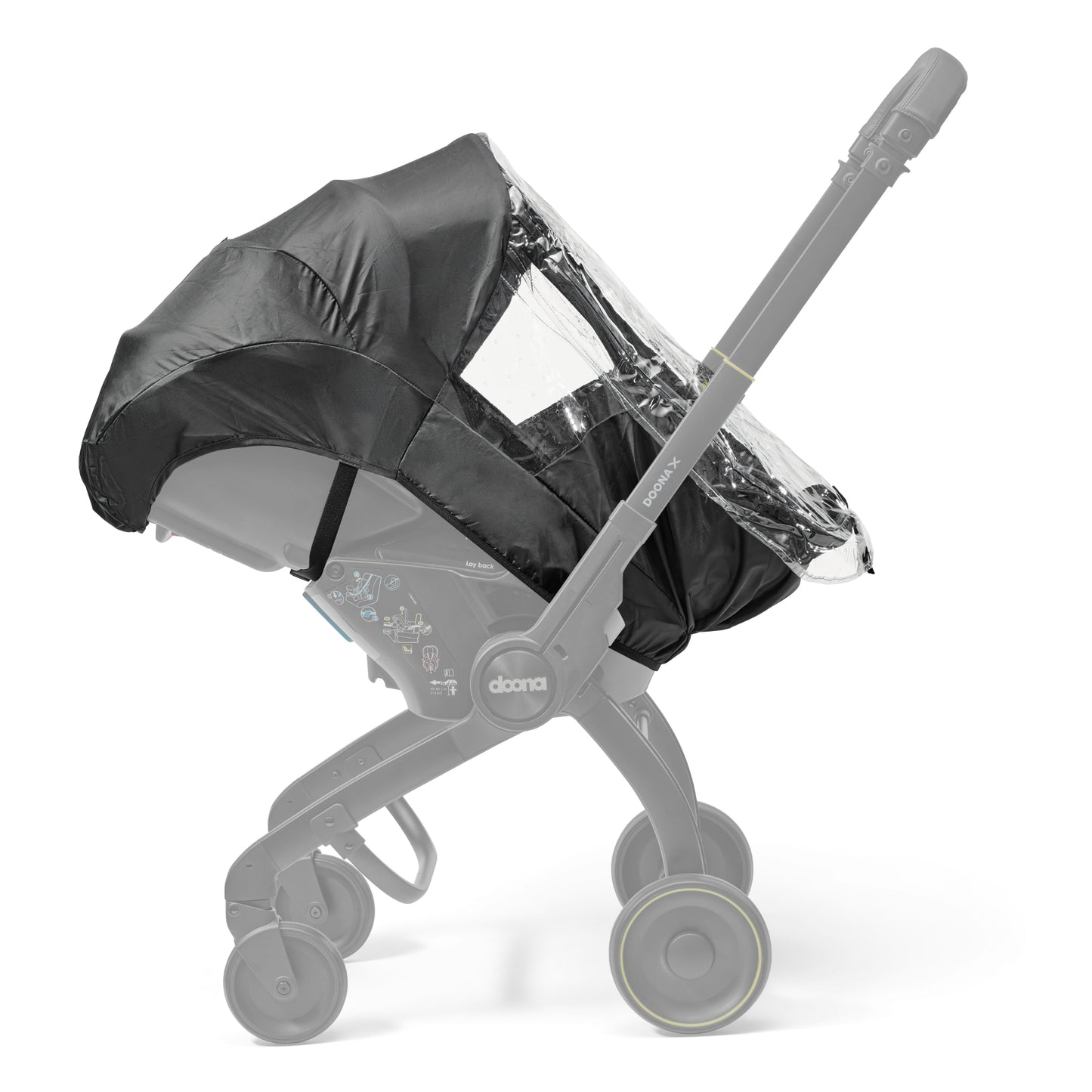 A black stroller car seat with a clear protective cover, specifically designed for use with a Doona car seat in rainy conditions.