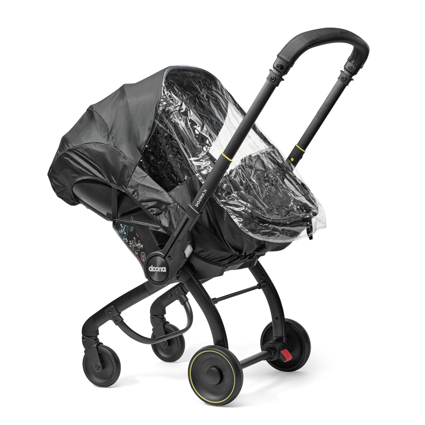 A black stroller car seat with a clear protective cover, specifically designed for use with a Doona car seat in rainy conditions.