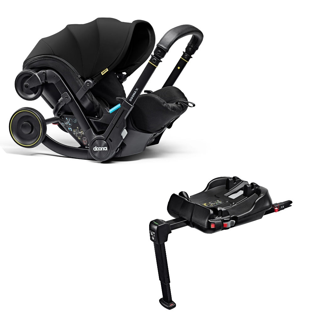 A stylish Doona X car seat in nitro black, for a modern infant safety solution, including a Doona base