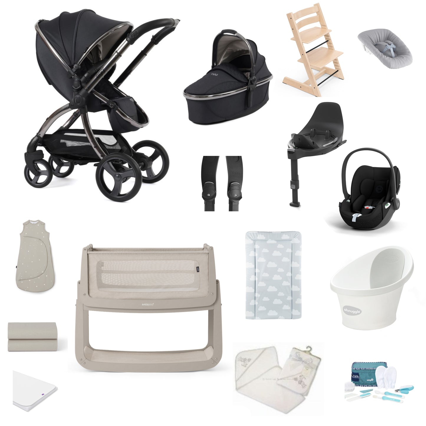 Egg 3 Pushchair & carrycot in carbonite, complete with all babies essential including car seat, tripp trapp highchair, crib and bath.