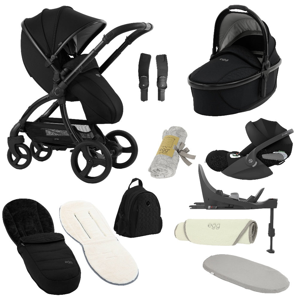 Egg shnuggle bundle in panther black colourway with cybex cloud t car seat and base.
