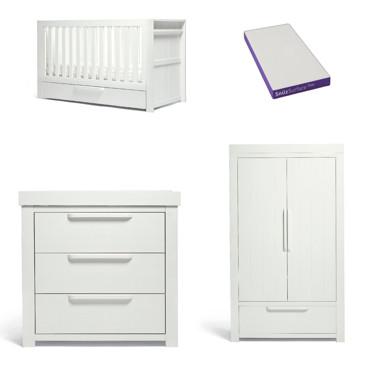 Mamas & Papas Franklin 3 Piece Cotbed Range with Dresser Changer & Double Wardrobe in White Wash