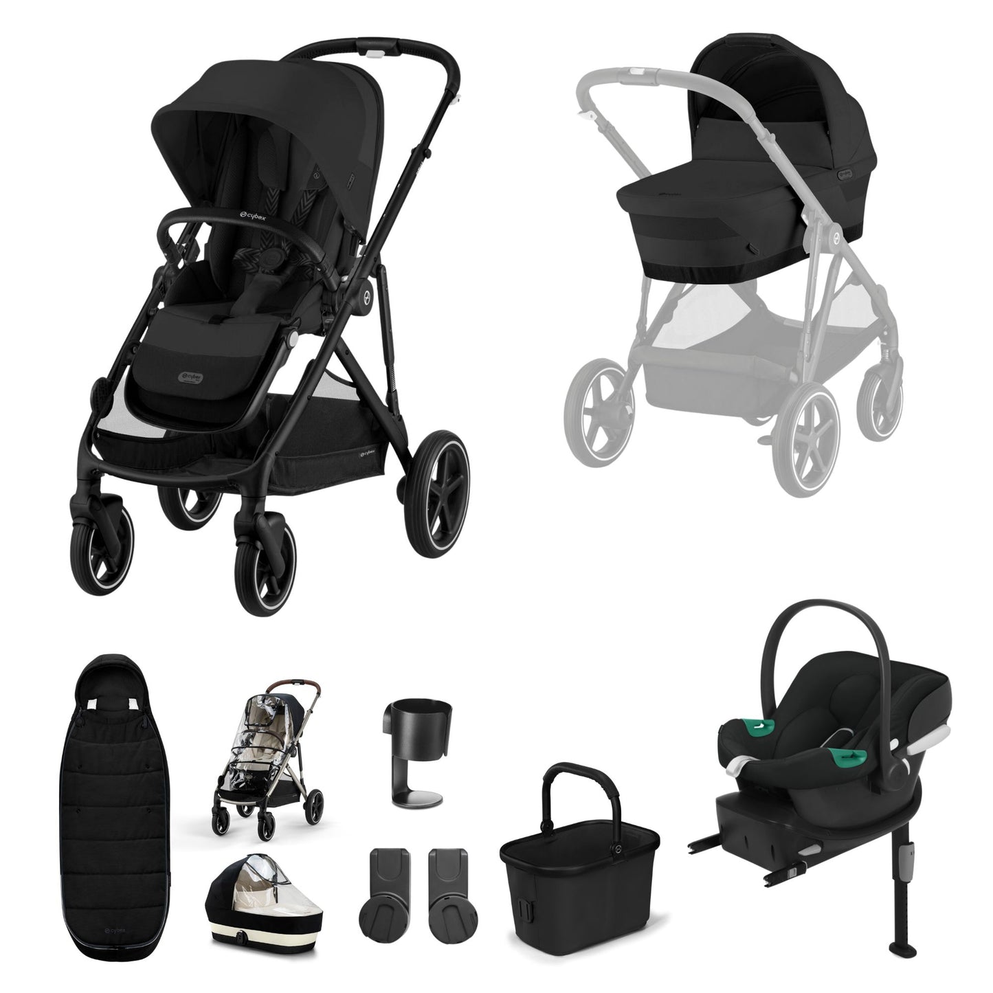 Cybex Gazelle travel system in moon black with aton b2 car seat and isofix base, and footmuff.