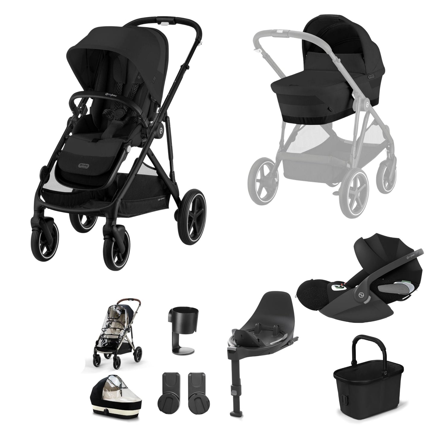 Cybex Gazelle travel system in moon black with cloud T car seat and isofix base, but no footmuff.