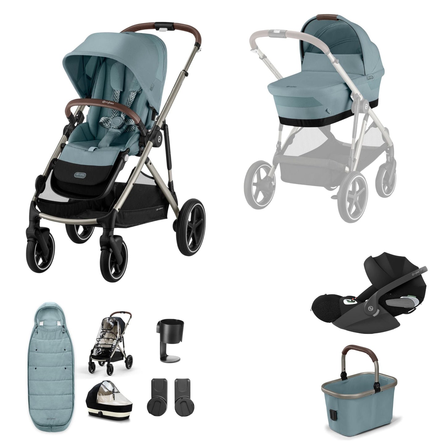Cybex Gazelle travel system in stormy blue with cloud T car seat and footmuff, but no isofix base.