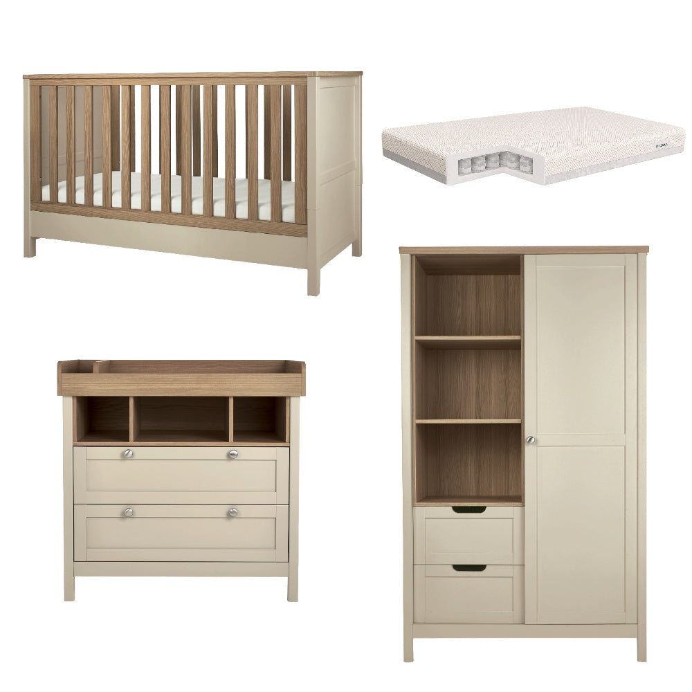 Mamas & Papas harwell 3 piece with cot bed, dresser and wardrobe with CuddleCo signature pocket spring Mattress