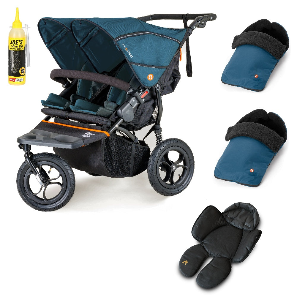 Out N About double nipper in highland blue with 2 footmuffs and 1 newborn insert.