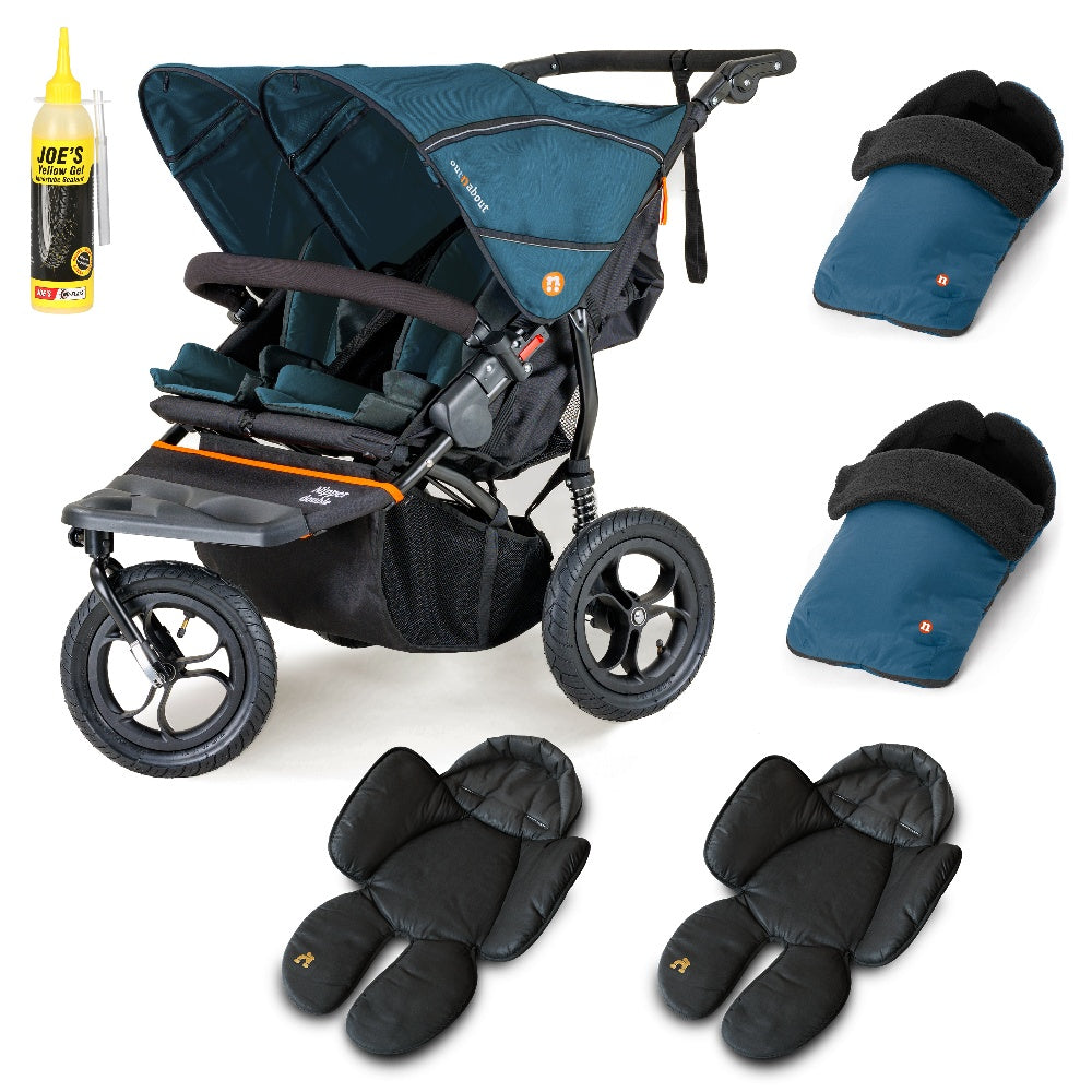 Out N About double nipper in highland blue with 2 footmuffs and 2 newborn insert.