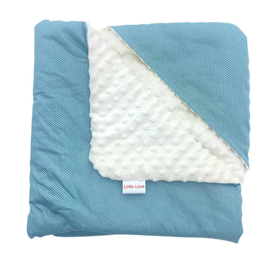 Little Loves 3 point harness blanket in teal with spots print.