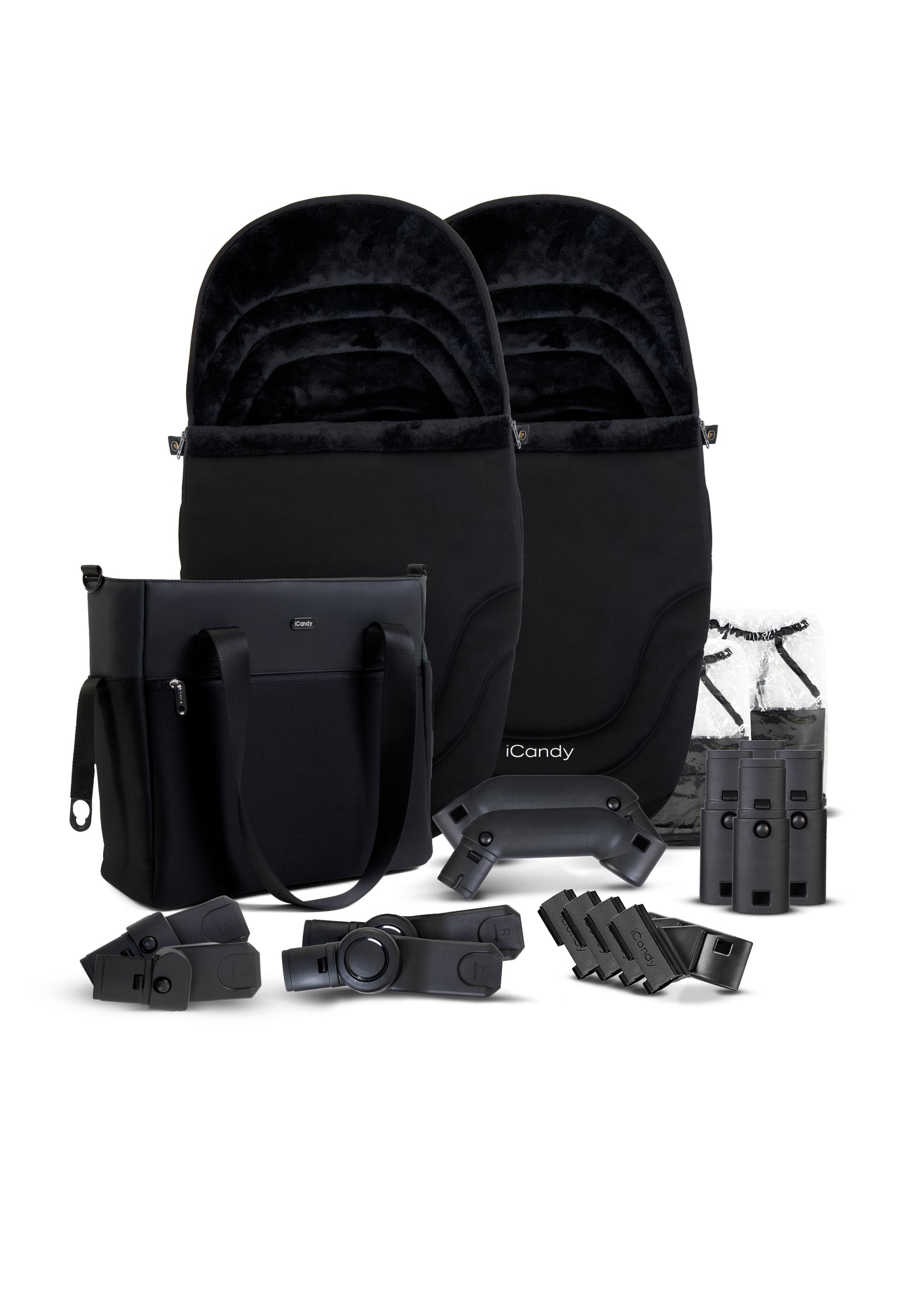 The iCandy Orange 4 Black Edition as a complete bundle, showcasing a range of accessories.