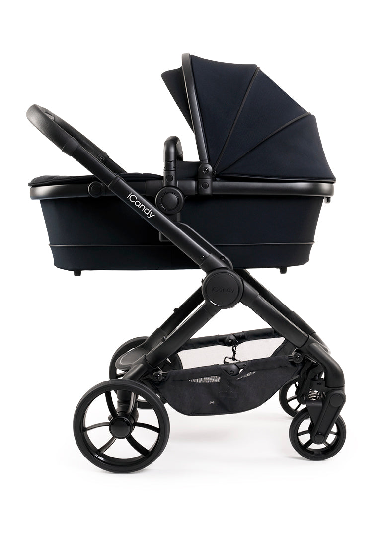All Black iCandy Peach 7 stroller in black edition, perfect for stylish parents on the go.