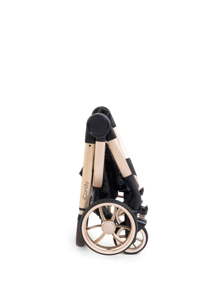 Elegant beige and black iCandy Peach 7 stroller in biscotti, perfect for stylish parents on the go.