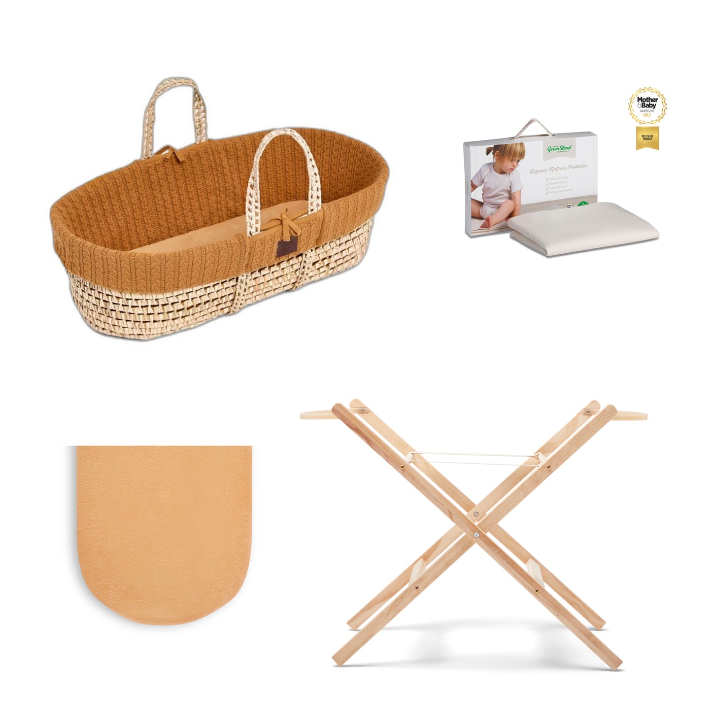 Moses Basket Bundle in honey with stand, protector and 1 set of sheets