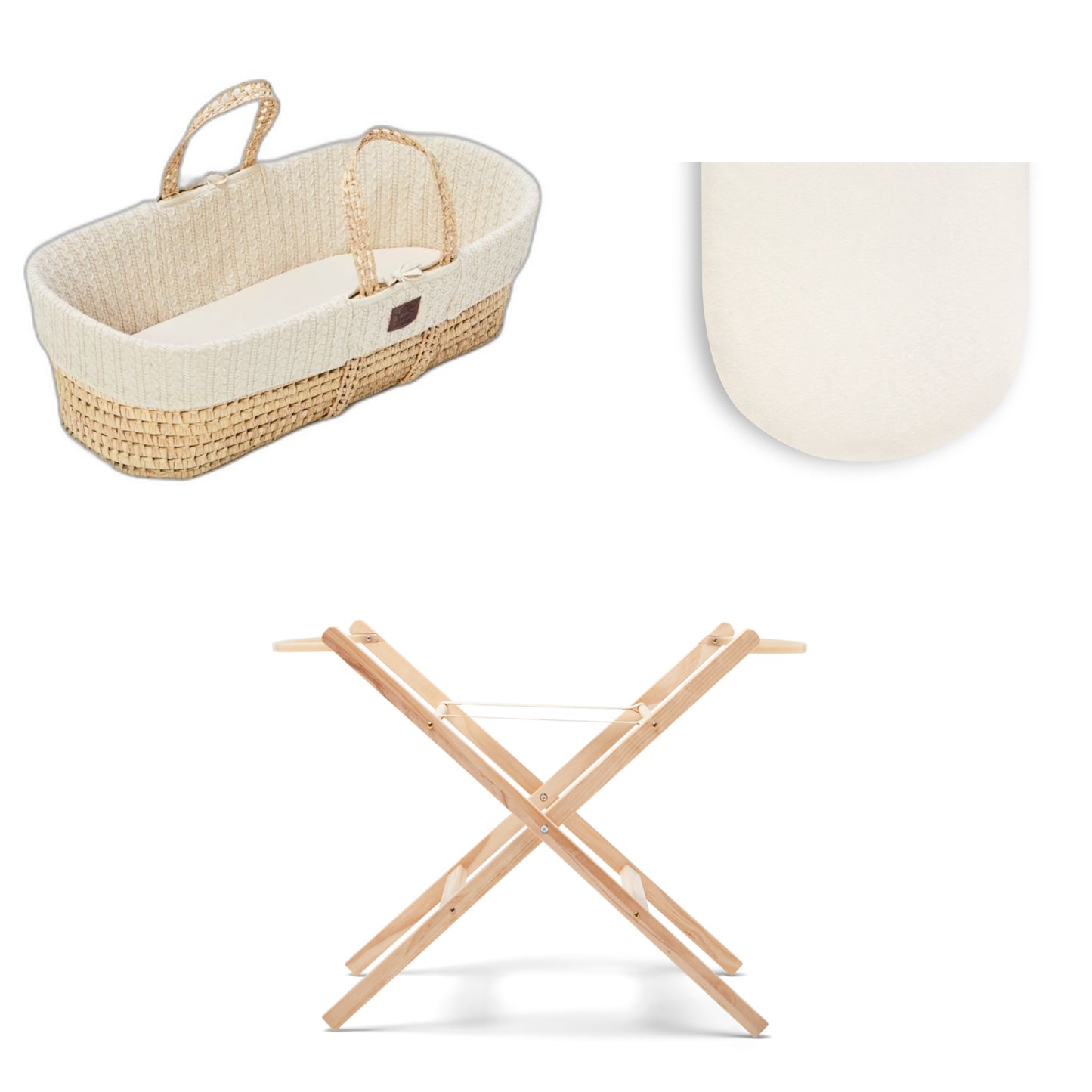 Moses Basket Bundle in linen with stand and 1 set of sheets