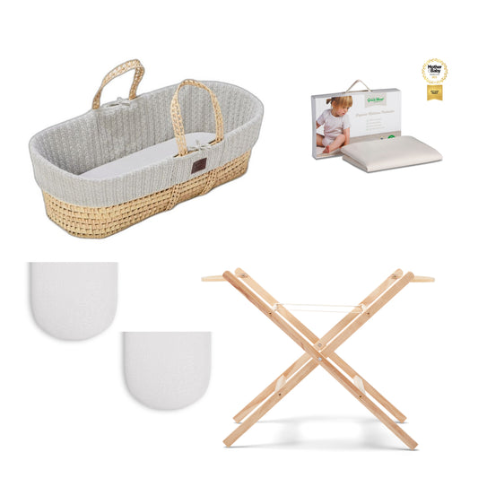 Moses Basket Bundle in dove with stand, protector and  2 sets of sheets